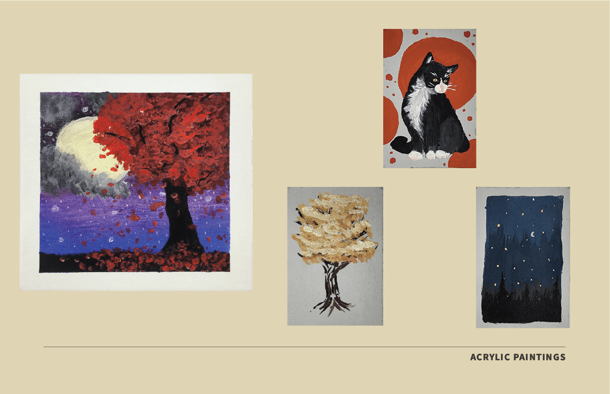 Red tree, yellow tree, cat, night scene